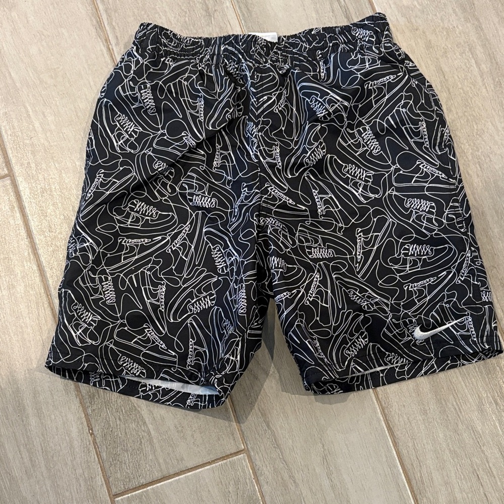 Nike Black Athletic Shorts with White Sneaker Outline Print